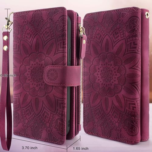 Harryshell Detachable Magnetic Zipper Wallet Leather Case with Cash Coin Pocket 12 Card Slots Holder Wrist Strap Lanyard for Samsung Galaxy S24 5G 6.2 inch (2024) (Flower Wine Red)