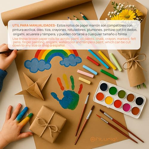 OFITURIA Naturbraunes Kraftpapier 70 g/m² – Rolle 1×3 m – 1 Rolle – Recyclingpapier für Verpackungen, Basteln und Dekoration – Reißfest – Geeignet für Acryl- und Ölfarben