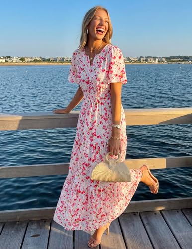 Image of ZESICA Women's 2026 Summer Spring Floral Boho Maxi Dresses Casual Short Sleeve V Neck A Line Flowy Beach Vacation Dress