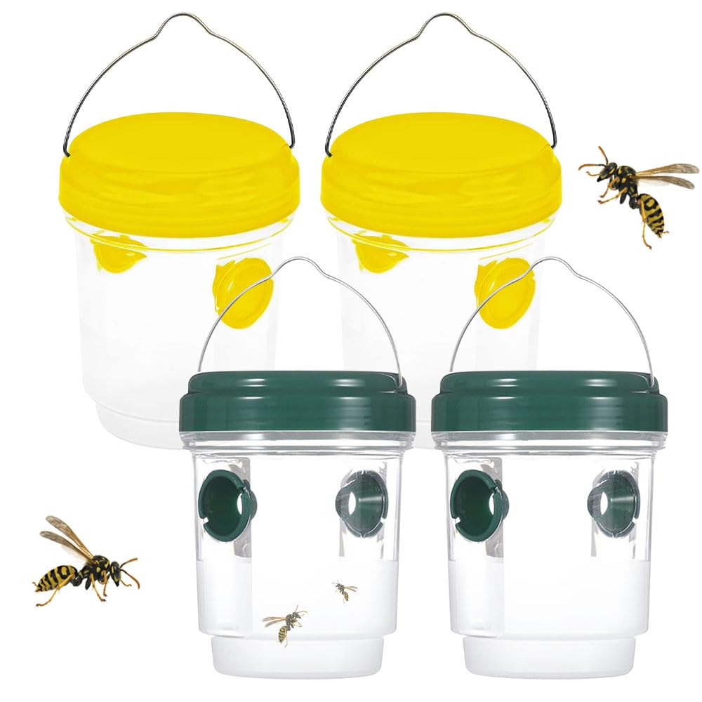 Jonuin 4 Pack Wasp Traps, Reusable Wasp Traps Outdoor Hanging, Waterproof Yellow Jacket & Hornet Trap for Garden, Patio, Courtyard, Camping, Effective Fly Catcher & Insect Control (2 Green + 2 Yellow)