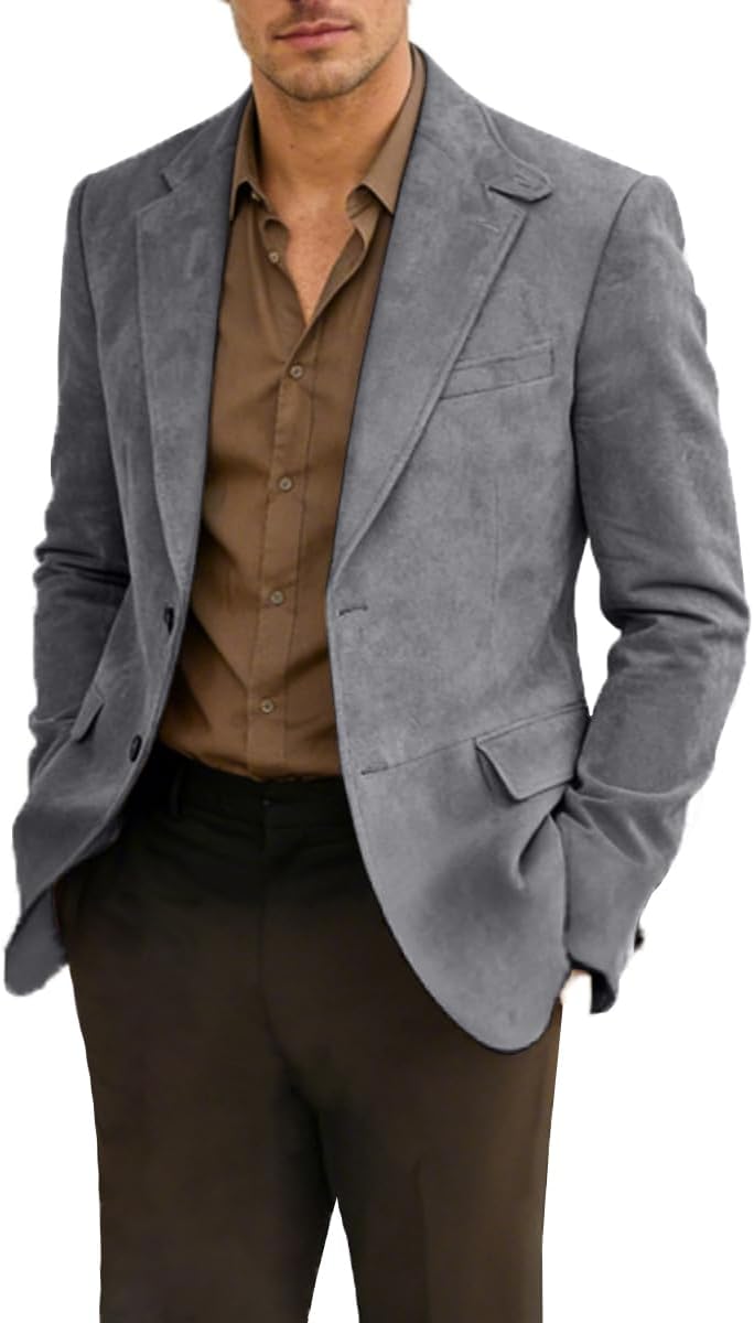Men Suede Blazer Jacket Casual Blazer for Mens 2 Button Suede Sport Coat for Spring Wedding Dinner Party