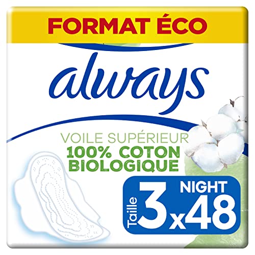 Always Cotton Protection Serviettes Hygiéniques, Taille 3, Night, 48 Serviettes Hygiéniques Avec Ailettes, Flux Abondants Nuit, Format Eco, Voile 100% Coton Bio, Sans Parfum