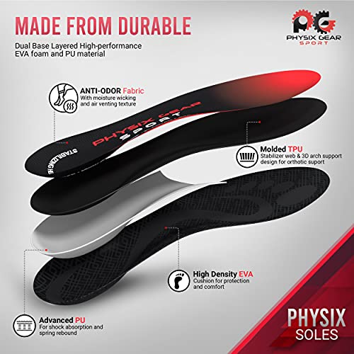 Image of Physix Gear Sport Full Length Orthotic Insoles with Arch Support - Best Shock Absorption & Cushioning for Plantar Fasciitis, Running, Flat Feet, Heel Spurs, Foot & Heel Pain - For Men & Women (L)