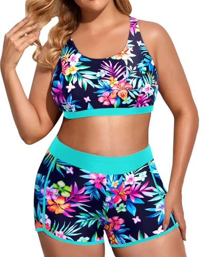 Image of Holipick Women Plus Size Swimsuits - Athletic 3 Piece Tankini with Shorts