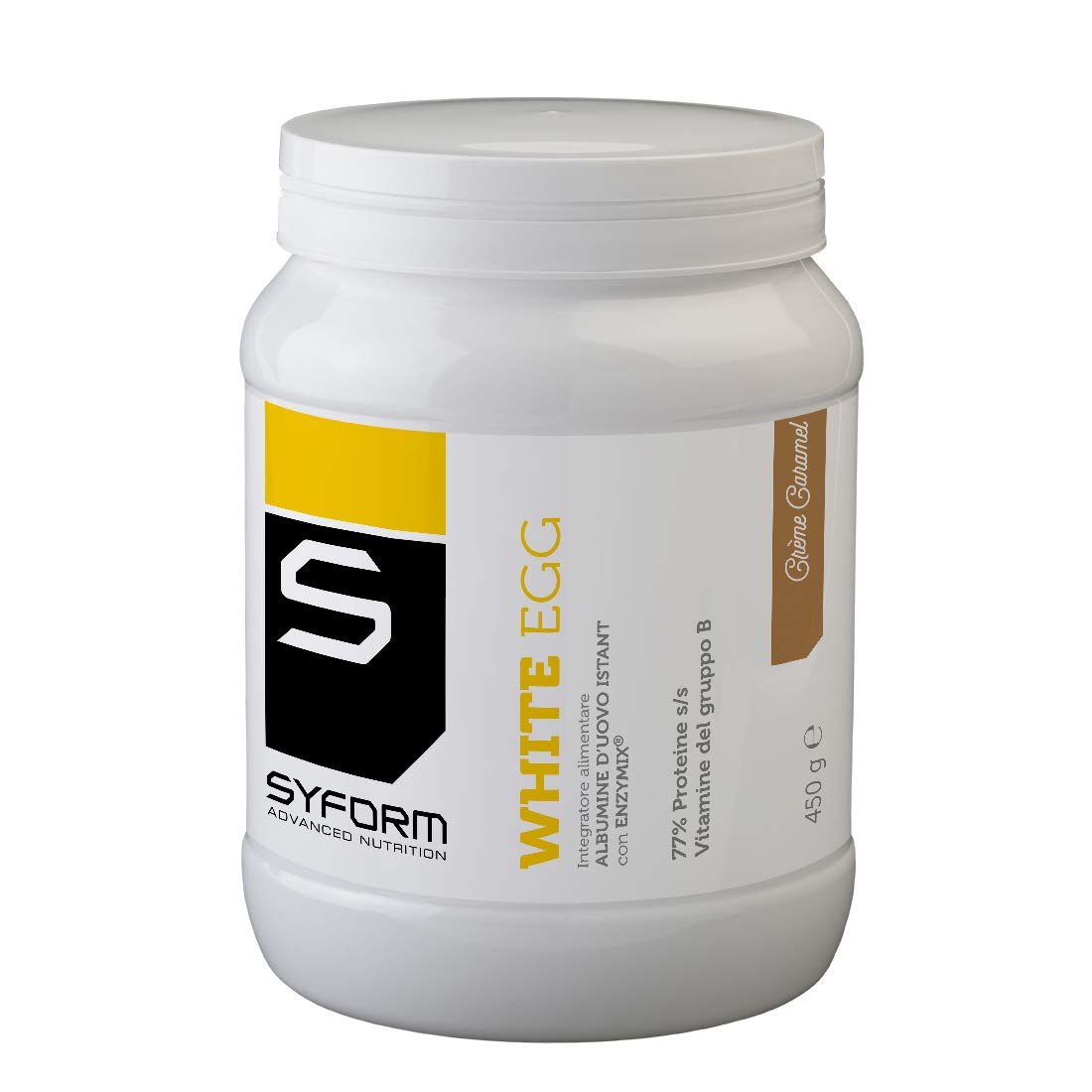 SYFORM WHITE EGG PROTEIN Gusto CREME CARAMEL 450 Gr. Proteine in polvere dell’albume d’uovo, lactose free, gluten free ovoalbumine che migliorano elasticità, tono e vigore muscolare