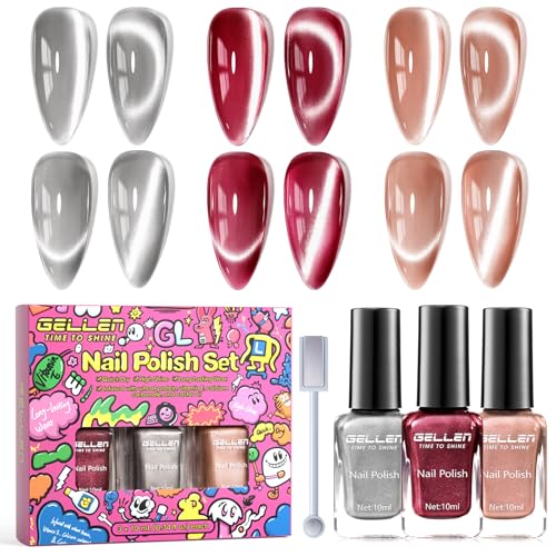 GELLEN Quick Dry Cat Eye Nail Polish Kit, Christmas Gift for Women, Grey Brown Magnetic Fingernail Polish Set, Fast Drying Glitter Nail Lacquer Non Gel with Magnet Tool, DIY Salon Home