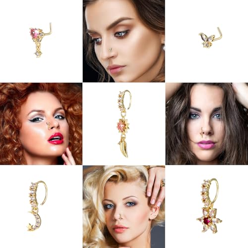 24Pcs Dangle Nose Rings Hoop for Women L Shaped Dangling Nose Stud 20G Dangle Piercing Jewelry4
