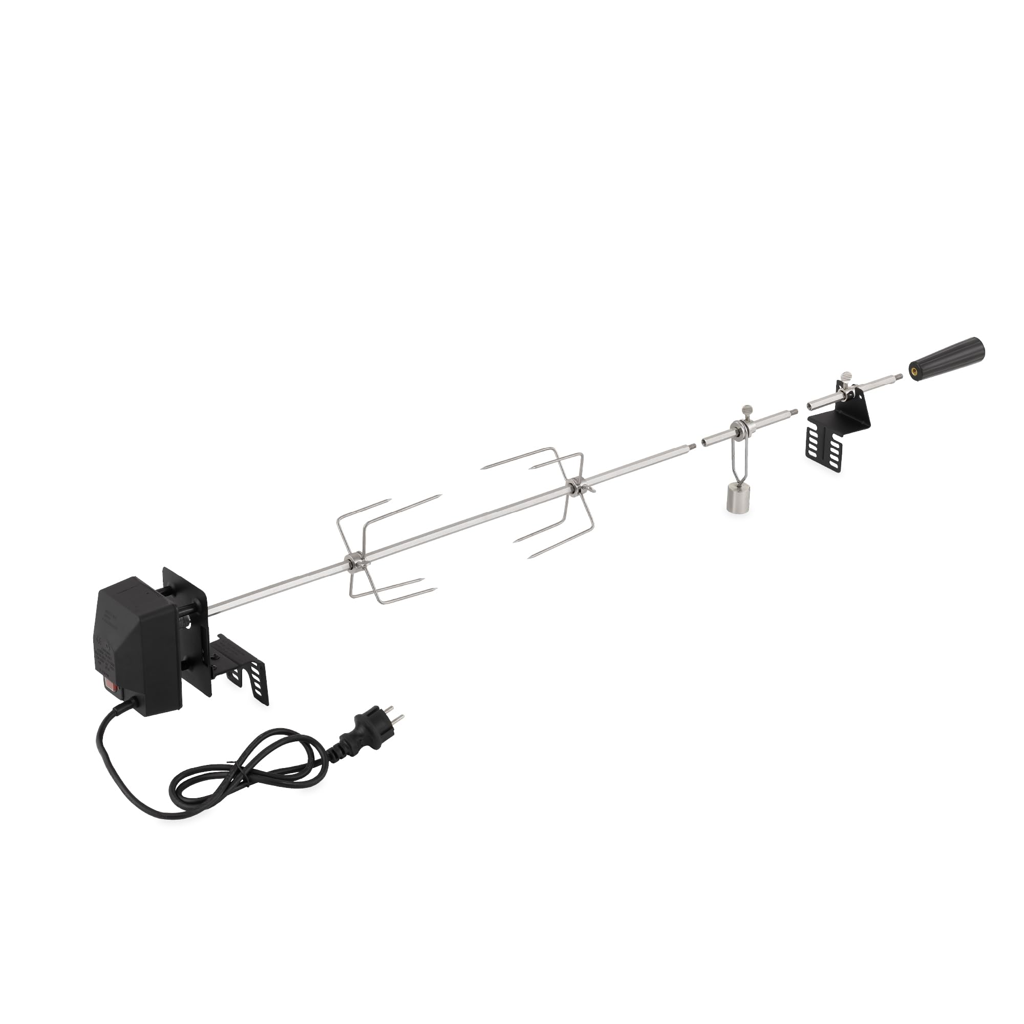 tepro Universal-Grillspieß Set mit Motor, Drehspieß aus Edelstahl, Netzbetrieb, mit 4x Fleischnadeln und 2 Fleischkammern, Spießlänge ca. 83 - 108,5 cm (inklusive Handgriff)