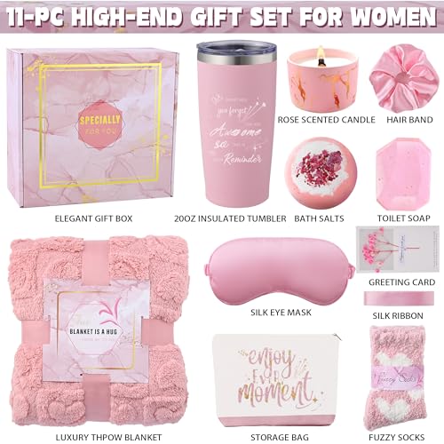 Birthday Gifts for Women Pink Relaxing Spa Gift Baskets Self Care Gift Get Well Soon Gifts Set, Mothers Day Gifts for Mom, w/ Luxury Blanket INSPEAUTY - Image 3