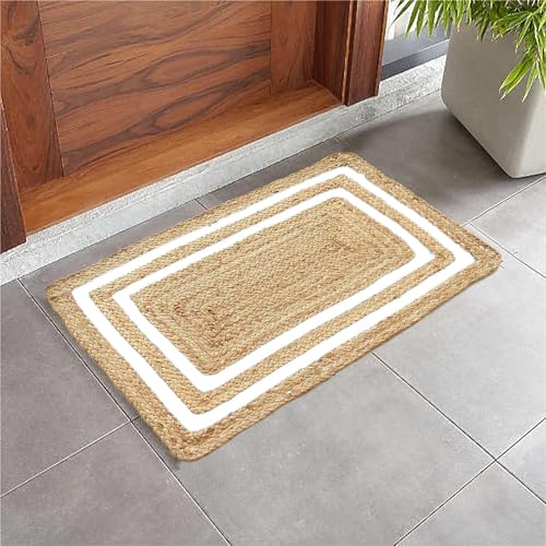 Image of Handmade Natural Jute Cotton Natural Fibers Floor /Door Mat Rugs Furnish Decor Striped Rectangular Design Carpet for Bedroom Living Room (JUTE0010, 2x3-Runner)
