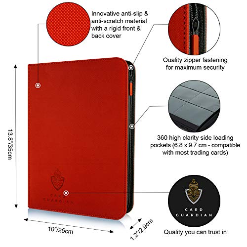 Card Guardian - 9 Pocket Premium Binder with Zipper for 360 Cards - Side Loading Pockets for Trading Card Games TCG (Red) - Thumbnail 3