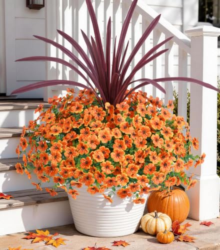 HyeFlora Artificial Fall Flowers Faux Mums for Outdoor Indoor Garden Home Decoration, Faux Flower Daisy with Orchid Leaf Fake Mums Plants Greenery Boxwood Porch Patio, 12 Bundles (Orange)