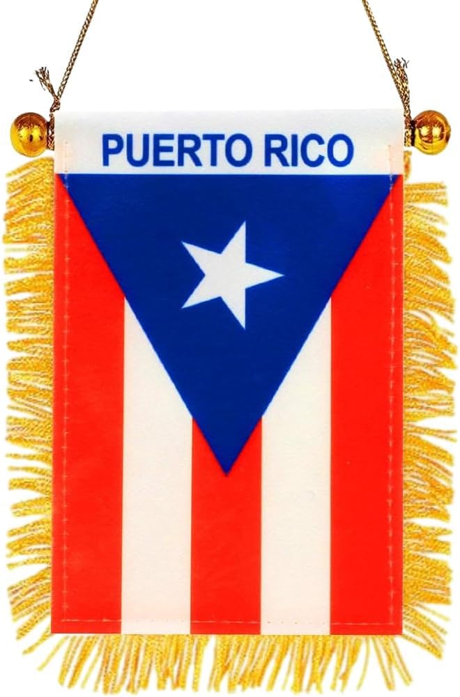 Puerto Rico 4 X 6 Inch Fringy Window Small Mini Hanging Flag - Car Rearview Mirror Decor Wall, Door and Rearview Mirror Decor with Suction Cup - Fade