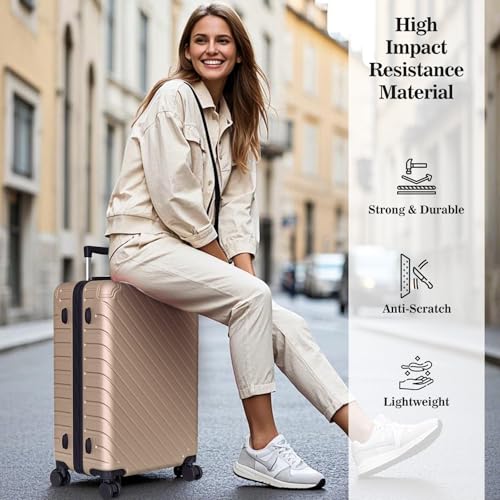 Apelila 4-Piece Expandable Suitcase Set with TSA Lock, 20% Extra Capacity, 360° Spinner Wheels, Lightweight Textured Fabric Luggage (18", 20", 24", 28") for Men and Women Travel (Champagne Gold)