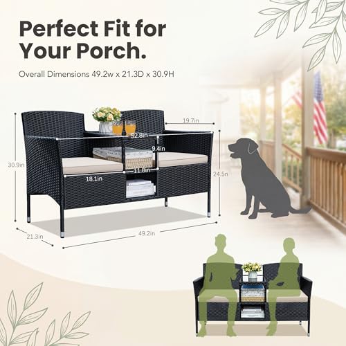 Devoko Outdoor Patio Loveseat Rattan 2-Seat Patio Conversation Set, Beige - Image 5