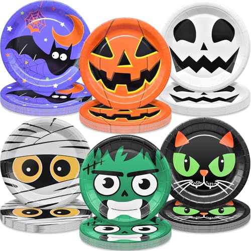 48 Pieces Halloween Party Dessert Plates 7 Inch Cartoon Pumpkin Ghost Paper Plates with Cat Bat Skull and Monster Designs for Halloween Party Kids Birthday and Trick or Treat Celebrations