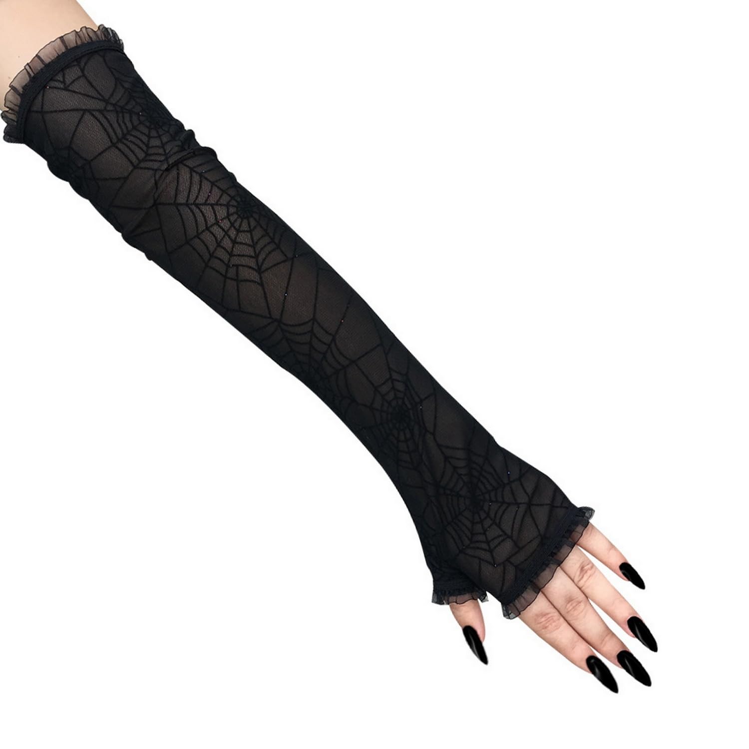 Women's Sheer Spider Web Gloves,Halloween Spider Web Lace Fingerless Gloves,Long Gloves for Cosplay Goth Costume - Image 4