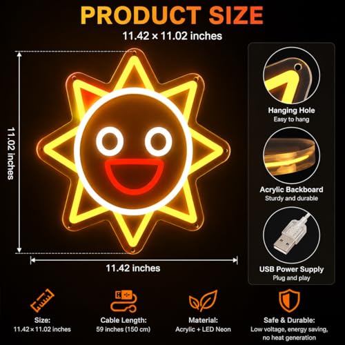 Image of Sun Neon Sign Game Neon Signs for Wall Decor, Dimmable LED Neon Lights for Bedroom Gaming Room Man Cave, USB Powered Acrylic Neon Light for Teens Boys Home Party Decor