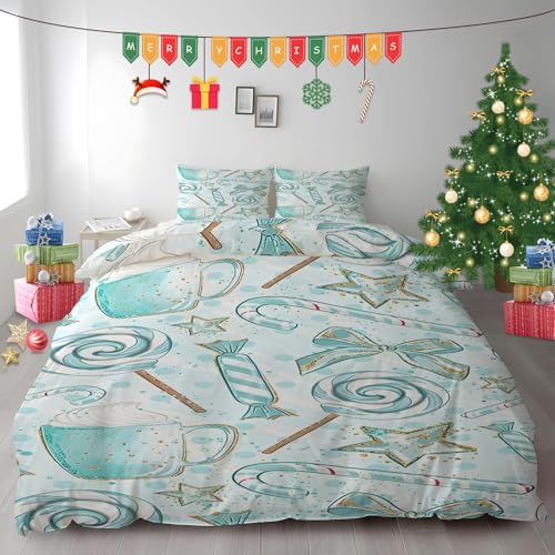布団カバー キング クリスマスキャンディ|マイクロファイバー 掛け布団カバー 230x210 +枕カバー 2枚 3点セット|吸汗速乾・防静電気・洗濯耐久|肌ざわり最高 キャンディケーンと星 なプリントデザイン PH1146