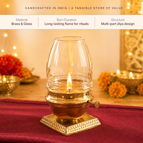 Image of P•TAL Brass Akhand Jyot Diya with Glass Cover - Handcrafted Long-Lasting Oil Lamp for Puja, Mandir & Festivals (1N) Small