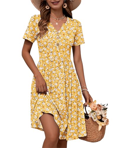Image of WNEEDU Women V Neck Button Down Empire Waist Midi Summer Dress with Pockets