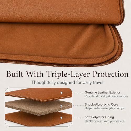 Image of ALLEN & MATE 100% Leather Laptop Case 13 Inch Laptop Sleeve fits MacBook Neo /Air /Pro 13 Inch with M5 /M4 /M3 /M2 /M1, Dell, HP, Lenovo, Chromebook 11-13 inch Computer Bag Zip Pocket - Tan