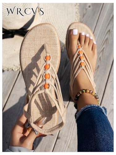 GORGLITTER Women's Beaded Strappy Western Flats Dressy Boho Flip Flops Toe Post Ankle Strap Slide Sandals2