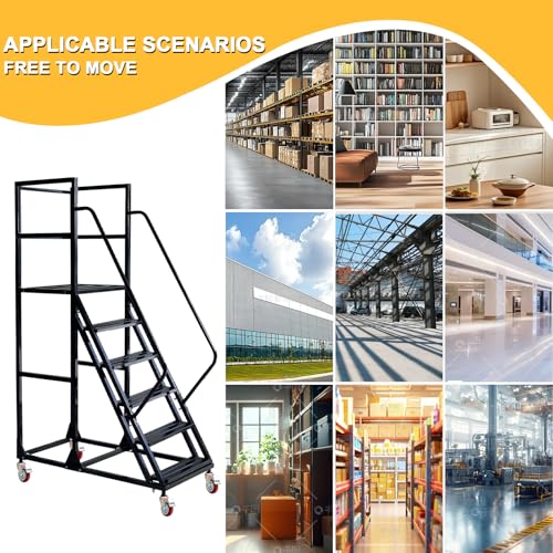 Image of 6 Step Rolling Ladder - Mobile Rolling Stairs with Wheels, Heavy Duty Industrial Safety Non-Slip Metal Rolling Ladders, 1100lbs Capacity, for Warehouse, Garage, Supermarket