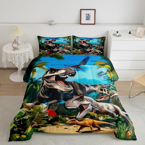 Image of Feelyou Dinosaur Dino Jungle Comforter Set King Size Boys Girls Bedding | Children Wild Animal All Season Breathable Soft Duvet Set Quilt Set Room Decor Microfiber 3Pcs Warm Cozy Lightweight