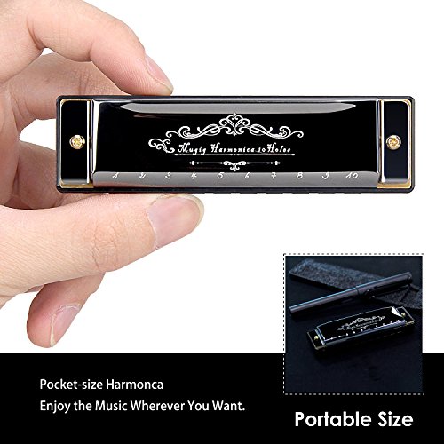 Mugig Harmonica, C Key Harmonica for Beginners or Kids, 10 Holes 20 Tones, 1.2mm Plate Structure, Stainless Steel Cover, with Carry Box, Black (Standard)