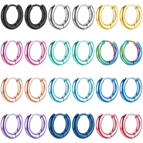 NEWITIN 12 Pairs Surgical Stainless Steel Hoop Earrings for Men Hypoallergenic Earring Huggie Cartilage Hoop Earring Set Colorful Small Hoop Earrings for Women Men