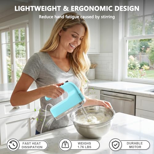 Image of Lord Eagle 9-Speed Digital Hand Mixer Electric Handheld, 500W DC Motor Kitchen Mixer for Cake Baking, Lightweight Egg Beaters with Stain-resistant & Waterproof Storage Bag & 6 Accessories, Blue