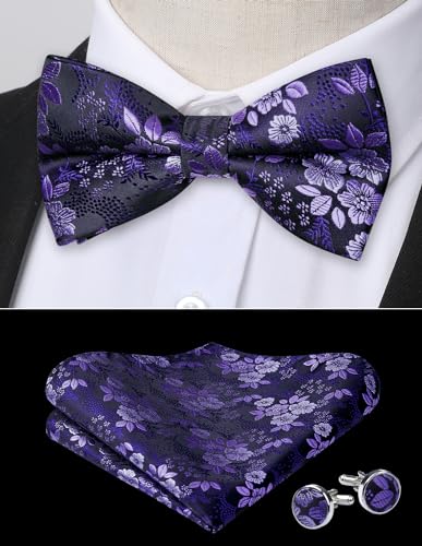Image of HISDERN Bow Ties for Men Pre-Tied Bow Tie Floral Paisley Handkerchief Classic Formal Bowtie and Pocket Square Cufflinks Set