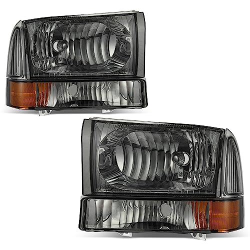 Image of oEdRo Headlight Assembly Compatible with 1999-2004 Ford F-250 F-350 F-450 F-550 Super Duty /2000-2004 Ford Excursion OE Headlamp Replacement Chrome Housing Amber Reflector Smoked Lens