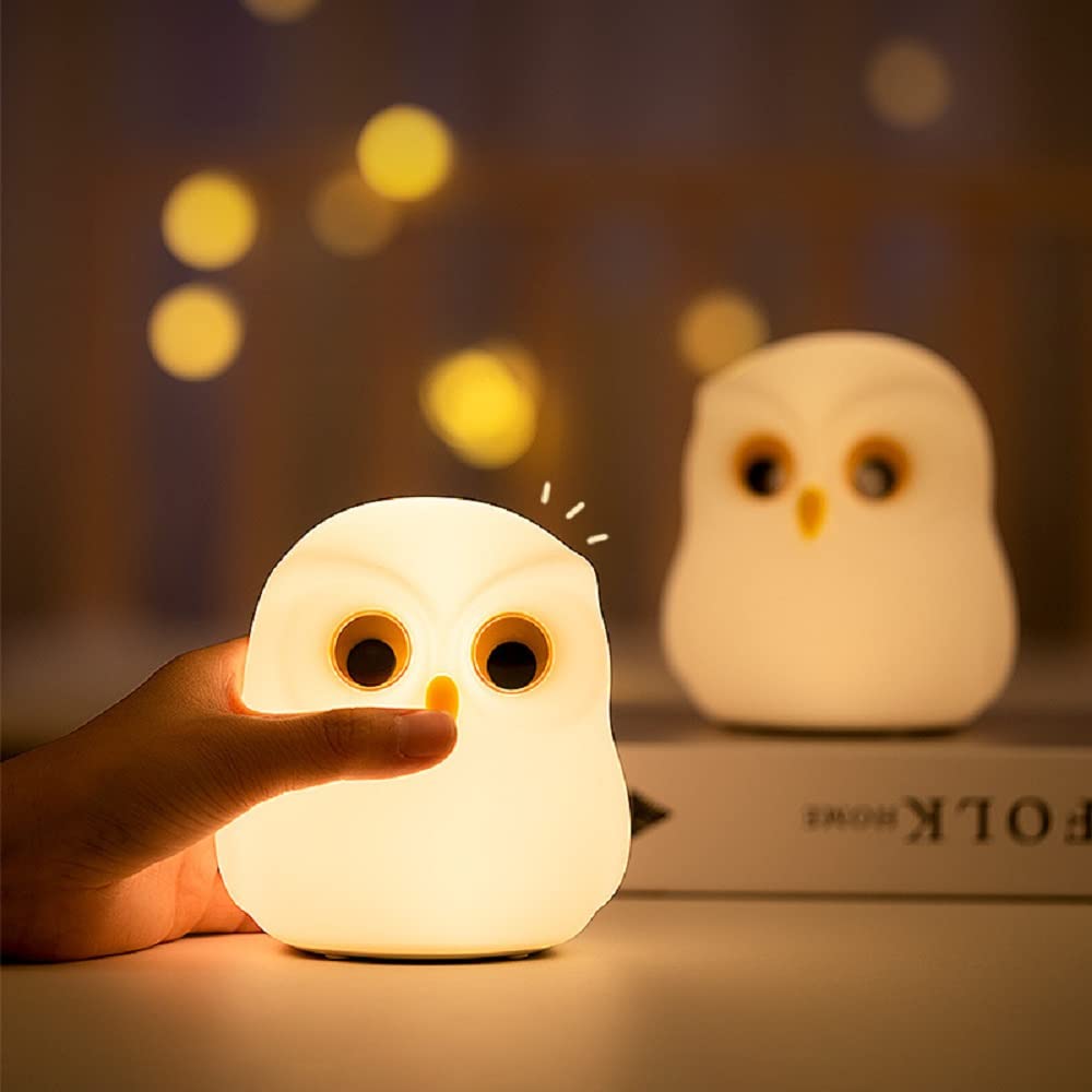 Linda luz nocturna de búho para niños, recargable por USB, lámpara de noche creativa sinfonía, luz nocturna para niños por la noche, control táctil, silicona segura, material ABS + PC (blanco)