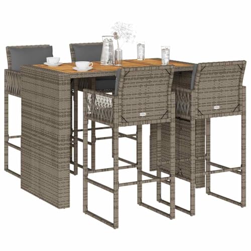 Teenpull 5-TLG. Gartenbar-Set, Grau Poly Rattan & Akazie, Outdoor...
