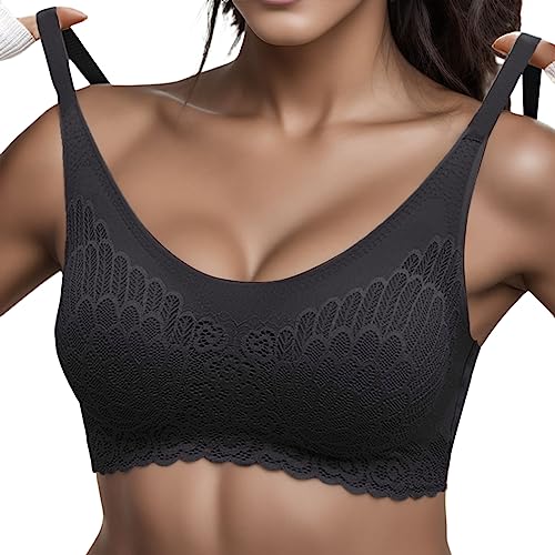 Sport Push Up Spitzen BH Damen Sexy Ohne Bügel Top Mit Integriertem BH Große Brüste Starker Halt Push Up Schlaf Gym Welly Comfy BH Gegen Falten Spitze Bra Große Größen Bralette Damen Schwarz L