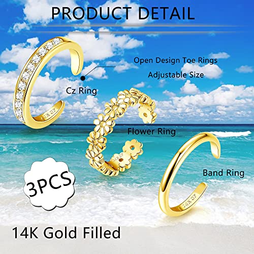 FIASASO 3Pcs Gold Filled Toe Rings for Women Non Tarnish 14K Gold Filled Toe Ring Adjustable Flower Cz Dainty Toe Ring Summer Beach Open Toe Rings Set Toe Jewelry Foot Jewelry2