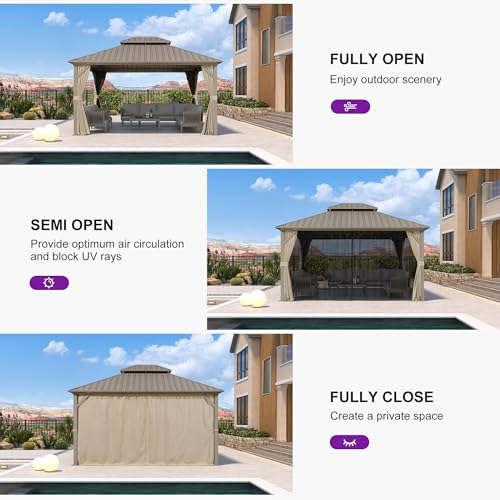 PURPLE LEAF 12' x 14' Outdoor Hardtop Gazebo, Champagne Aluminum Gazebo with Galvanized Steel Double Roof, Curtains and Netting for Patio Lawn and Garden - Image 7