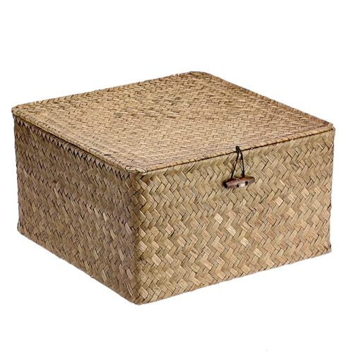 OLegei Panier de rangement en osier panier avec couvercle carré panier pour étagère boîte de rangement organisateur de table (café, 30 x 30 x 16cm)