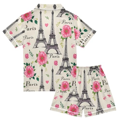 ALAZA Paris Eiffel Tower Blossom Flower Satin Pajamas Set Short Sleeve Button Down Sleepwear Summer Pjs 2 Piece2
