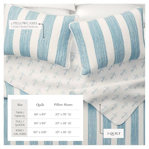 Image of Great Bay Home Full /Queen Coastal Quilt Bedding Set, Summer Coastal Quilt with Shams, Beach 3-Piece Reversible All Season Bedspread Quilt Set. Lightweight Nautical Quilted Coverlet. Blue.