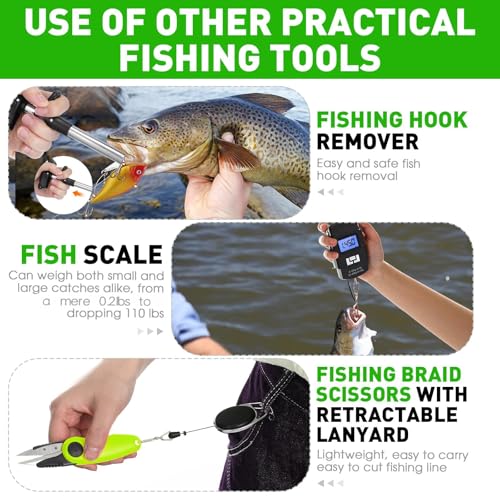 Image of RoundFunny 10 Pcs Fishing Tool Kit, Fishing Pliers with Lanyard and Protective Sheaths, Landing Net, Fillet Knife, Fish Scale, Gripper, Hook Remover, Braid Scissors, Gloves for Men Dad Gift