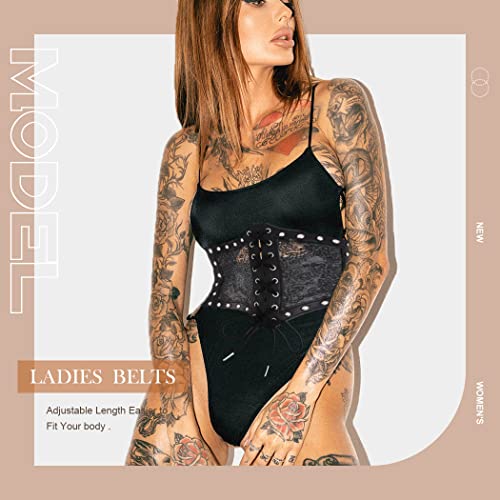 Asooll Leather Wide ELastic Corset Belts Black Vintage Sequins Waist Belt Lace up Waistband Wide Cinch Belt Party Club Prom Costume Clothing Dress Waist Belts for Women3