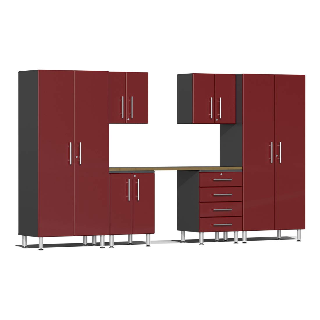 Ulti-MATE UG24072R 7-Piece Garage Cabinet Kit with Bamboo Worktop in Ruby Red Metallic