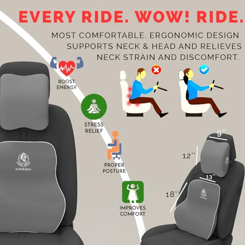 Image of MRRON Series Memory Foam Neck Rest & Extra Lumbar, Relief Pillow, 100% Soft Memory Foam Pillow, Adjustable Strap, Cervical Support for Car Seat. (Grey, Long Back)