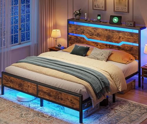 Image of Homkdom Queen Bed Frame with USB Ports & LED Lights, Headboard Shelf, Heavy Duty Metal Platform with 10.24 inch Underbed Storage, Noise-Free Slats, No Box Spring Needed, Modern Brown