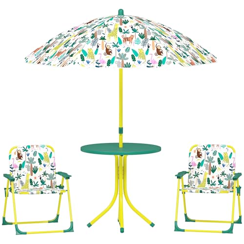 AIYAPLAY Ensemble Salon de Jardin extérieur Enfant, Table Enfant avec Chaise 4 pièces, Motif éléphant et Girafe, Parasol réglable Ø 100 cm, Chaise Pliable, pour...