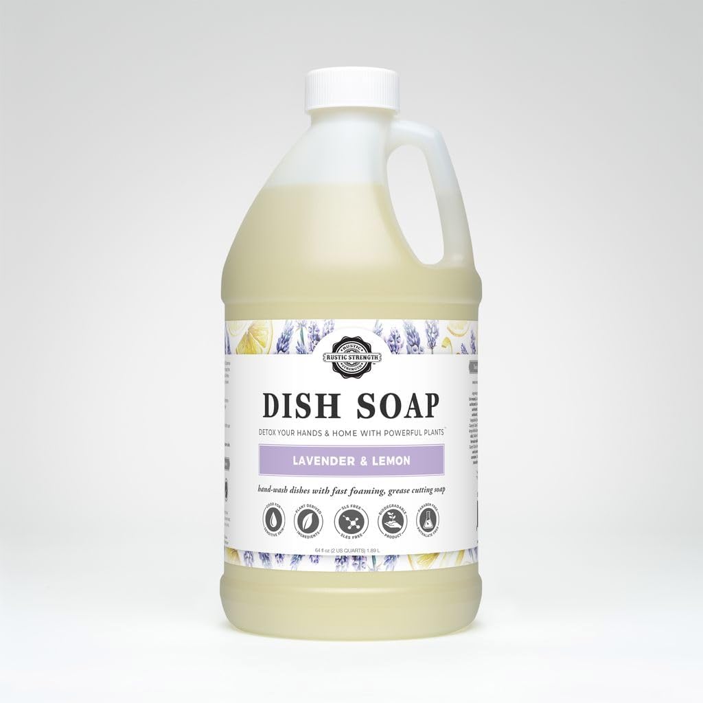 Rustic Strength Natural Dish Soap with Lavender and Lemon Essential Oils, Plant-Derived, Biodegradable, 64 oz