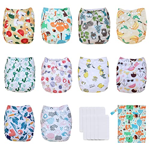 Image of TDIAPERS Baby Cloth Diapers Washable Reusable One Size Adjustable for Baby 10 Pack with 10 Pcs Microfiber Inserts, 1 Wet Bag